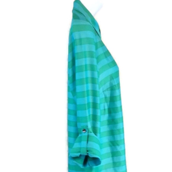 Ann Taylor Green Blue Striped Button Front Long Roll Tab Sleeve Blouse Preppy - Picture 10 of 16